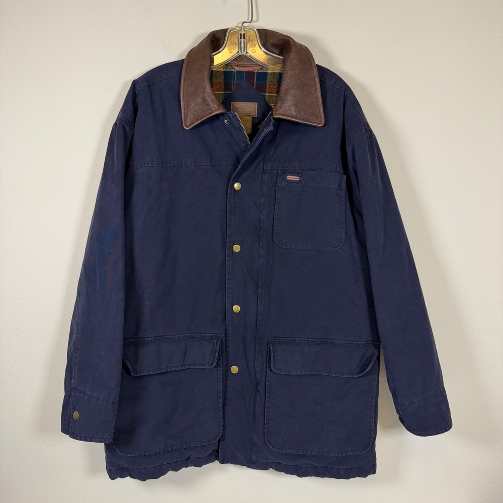 Vintage Pendleton M Navy Canvas Barn Chore Coat Wool Lined Leather Collar Jacket